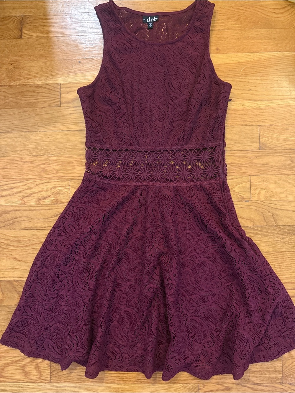 Burgundy Lace Fit & Flare Dress with Crochet Waist
